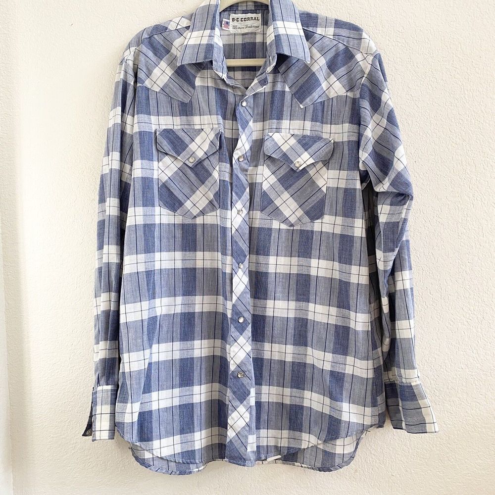 Vintage BC‎ Corral Pearl Snap Long Sleeve Blue Plaid Shirt Sz L Western Made USA